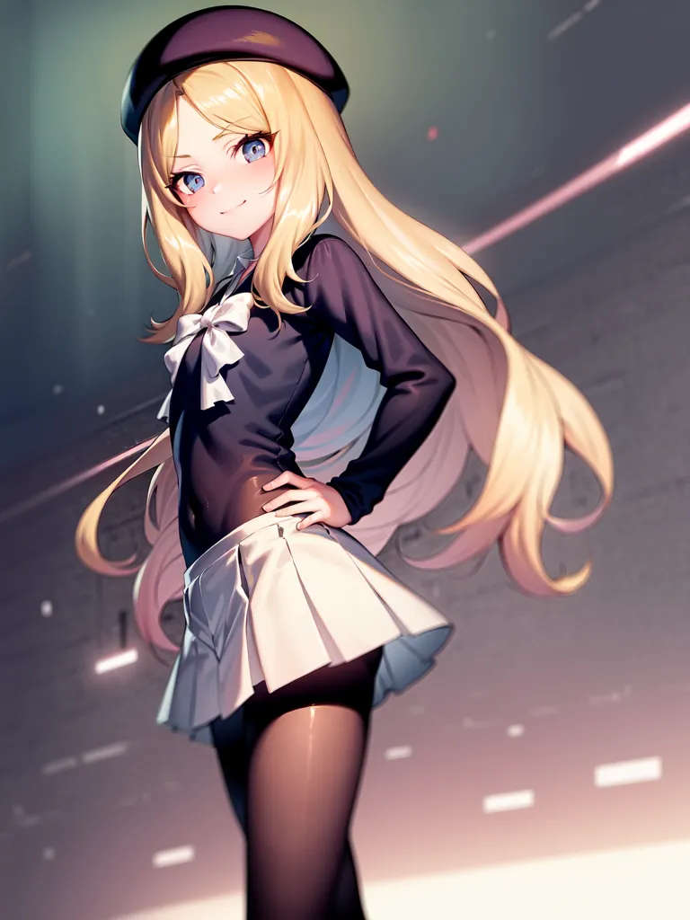 The image is a painting of a young girl with long blonde hair and blue eyes. She is wearing a black beret, a white blouse, and a pleated skirt. She has a confident smile on her face and is standing with one hand on her hip. The background is a blur of light and dark colors.