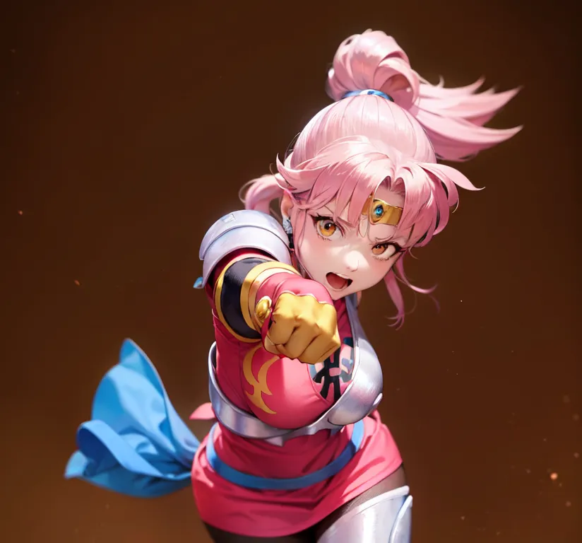 The image is of a young woman with pink hair and brown eyes. She is wearing a red and blue outfit and has a determined expression on her face. She is in a fighting stance with her right fist raised. The background is a dark brown color.