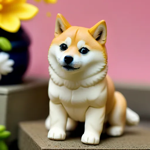 A imagem mostra uma pequena e realista escultura de Shiba Inu. Ela está sentada em uma superfície de pedra com um fundo rosa. A escultura é feita de resina e tem um acabamento liso e fosco. Ela é pintada à mão com grande detalhe, e as cores são vibrantes e realistas. A escultura tem aproximadamente 3 polegadas de altura e 4 polegadas de largura.