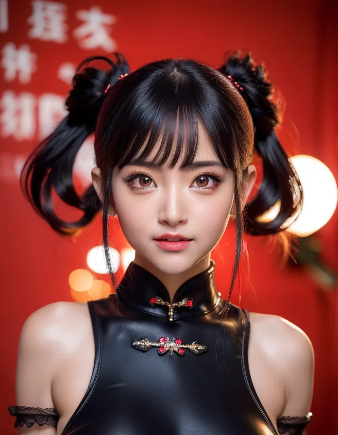 The image shows a young woman with long black hair, blue eyes, and a fair complexion. She is wearing a black cheongsam with a high collar and a red and gold trim. Her hair is styled in two buns on top of her head. She is standing against a red background with a red and gold pattern.