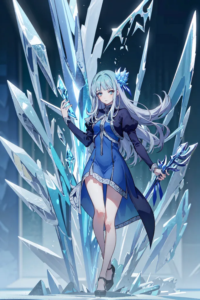 The picture shows a girl with long white hair and blue eyes. She is wearing a blue dress with a white collar. She is also wearing a blue hat with a white flower on it. She is standing in front of a large blue crystal. She is holding a blue scepter in her right hand. There are also some blue crystals floating around her.