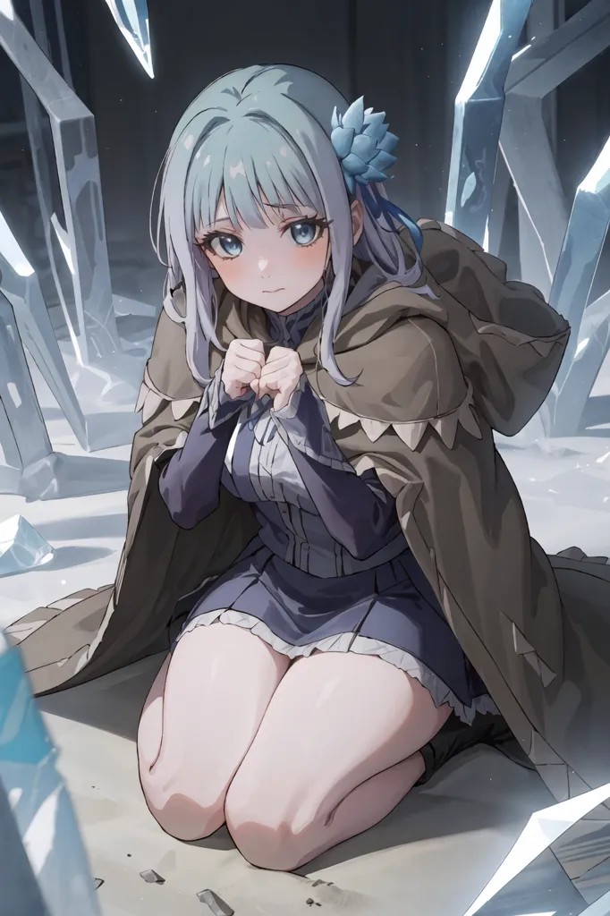 The image depicts a young girl with silver hair and blue eyes. She is kneeling on the ground, her hands clasped together in front of her. She is wearing a blue dress with a white collar and a brown cloak with a blue flower pinned to it. The background is a dark cave, with crystals scattered around.