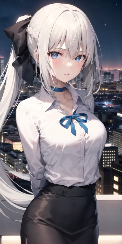 The image is a portrait of a young woman with long white hair and blue eyes. She is wearing a white dress shirt with a blue bow tie and a black skirt. She is standing on a rooftop in a city at night. The background is blurred and shows a cityscape with many tall buildings. The woman is looking at the camera with a serious expression.