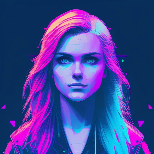 This is a picture of a young woman, with an expressionless face, looking at the viewer. She has long pink and blue hair, and her eyes are glowing white. She is wearing a dark jacket with a high collar. The background is dark blue with some small, glowing blue and pink shapes.