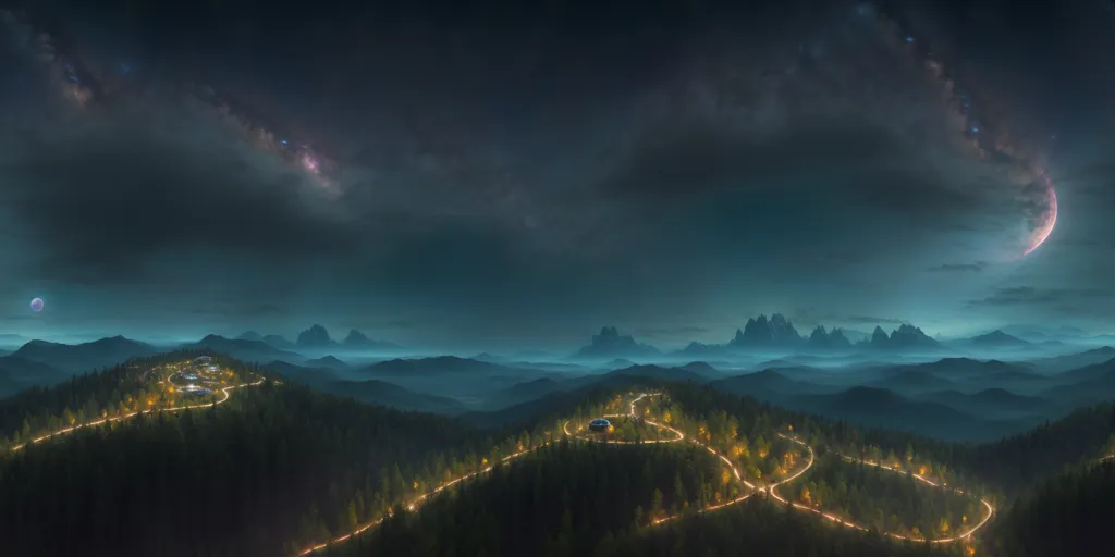 The image is a beautiful landscape of a valley in the mountains. The sky is dark and cloudy, with a full moon shining brightly. The valley is filled with lush forests, and there are several houses nestled in the trees. A road winds its way through the valley, and there are lights on in the houses. The scene is peaceful and serene, and it makes people think