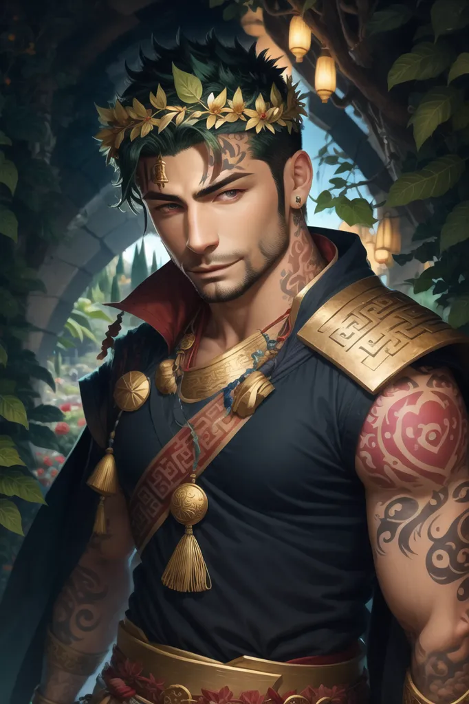 This image shows a man with short green hair and a beard. He is wearing a black shirt with gold trim and a gold necklace. He also has a wreath of green leaves and flowers on his head. He has tattoos on his arms and neck. He is standing in a garden with a building in the background.