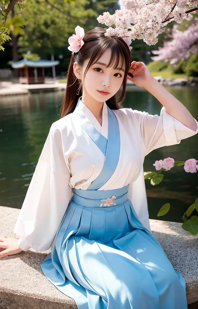 The image shows a young woman wearing a traditional Chinese dress, or Hanfu, sitting on a stone bench in a garden. The dress is white and blue with pink and white flower hairpiece. The woman has long dark hair and bangs, and her eyes are looking at the camera. She is sitting with her right hand on her head and left hand on her lap. There are pink and white flowers in the background. The background also shows a pond with a small bridge and a pagoda.