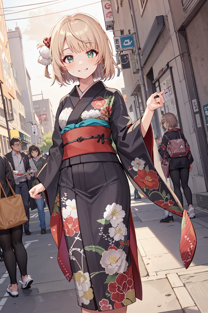 A imagem mostra uma jovem mulher vestindo um quimono caminhando por uma rua no Japão. O quimono é preto com um padrão floral. A mulher tem cabelos loiros curtos e olhos verdes. Ela está sorrindo e tem a mão direita levantada no ar. Ela está usando sandálias japonesas tradicionais. Há pessoas caminhando ao fundo. Também há edifícios e placas ao fundo.