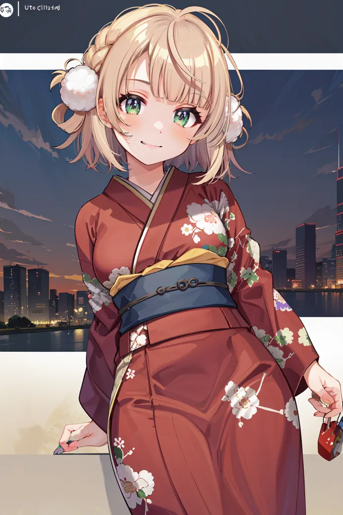 The image is of a young woman, with a gentle smile on her face, wearing a red kimono with white and yellow floral designs. The kimono is tied with a yellow obi sash. Her hair is blonde and done up in twin buns atop her head, with two loose strands hanging down to frame her face. She is standing in front of a night cityscape, with a body of water in the foreground, and tall buildings in the background.