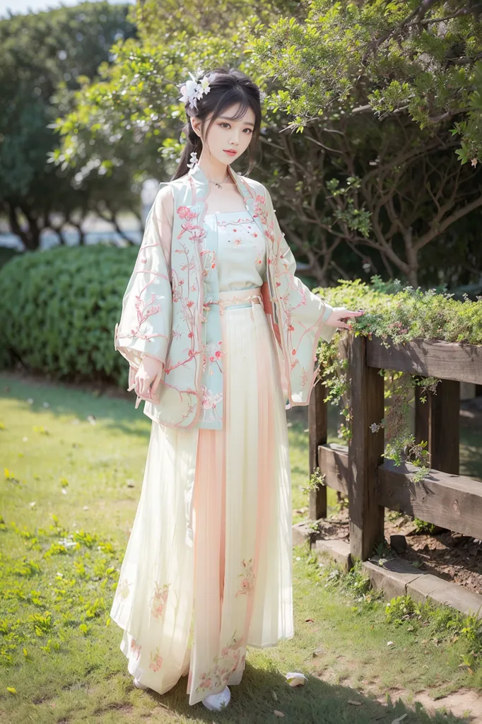 A imagem mostra uma jovem mulher vestindo um vestido tradicional chinês (Hanfu) em pé em um jardim. O vestido é verde claro com padrões florais e consiste em uma saia longa, uma jaqueta curta e uma camiseta branca. A mulher tem cabelos pretos longos e está usando uma flor branca no cabelo. Ela também está usando tênis brancos. O fundo é um borrão de árvores e plantas verdes.