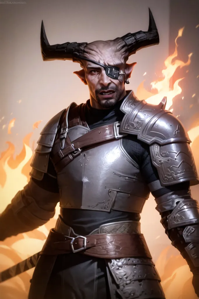 The image is of a male character with dark skin and short black hair. He has horns protruding from his forehead and an eyepatch over his left eye. He is wearing a suit of armor that is grey and brown in color. He has a sword sheathed at his hip and a dagger in his right hand. He is standing in front of a wall of fire, which is illuminating his face and armor.