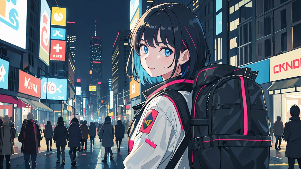 The image is a portrait of a young woman with short blue hair and blue eyes. She is wearing a white jacket with black and red stripes on the sleeves and a black backpack. She is standing in a crowded street with people walking in both directions. There are tall buildings on either side of the street and the lights from the buildings are reflected in the puddles on the ground. The image is in a realistic style and the colors are vibrant and saturated.