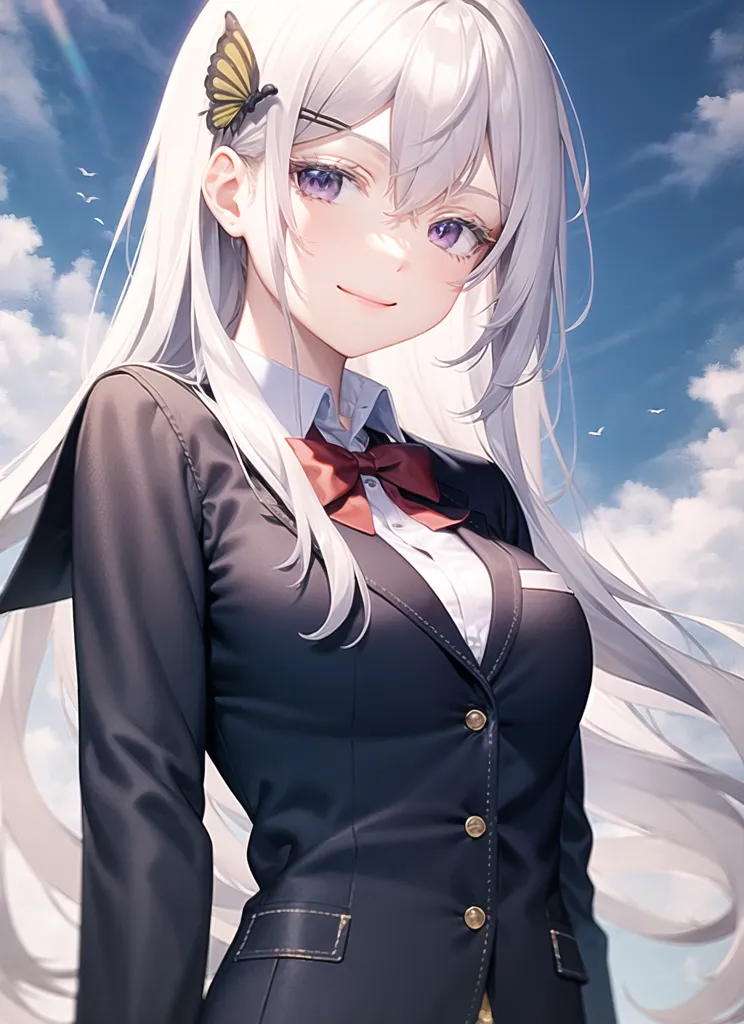 The image shows a young woman with long white hair and purple eyes. She is wearing a black suit jacket with a white blouse and a red bow tie. A yellow butterfly is perched in her hair. She has a gentle smile on her face, and she is looking at the viewer. The background is a blue sky with white clouds.