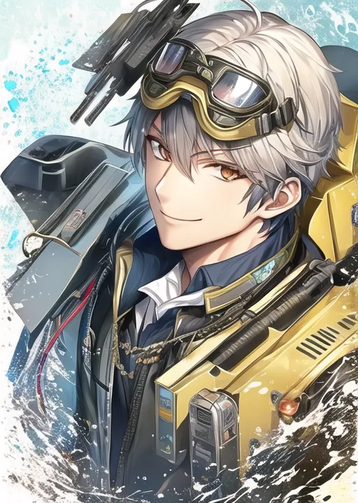 The image is a painting of a young man with white hair and brown eyes. He is wearing a black jacket with a white shirt collar. He is also wearing a pair of goggles on his forehead. He has a confident smile on his face. There is a yellow mechanical device on his right shoulder.