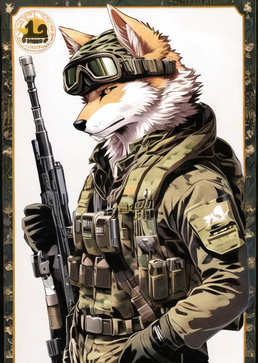 A imagem é de um lobo vestindo um uniforme militar e carregando uma arma. O lobo está em uma postura determinada, olhando para a esquerda do observador. Ele está usando um uniforme de camuflagem verde e marrom, um colete preto e um par de óculos de proteção. Ele também está carregando uma arma preta. O pelo do lobo é marrom e branco, e seus olhos são amarelos. O fundo é de uma cor marrom clara.