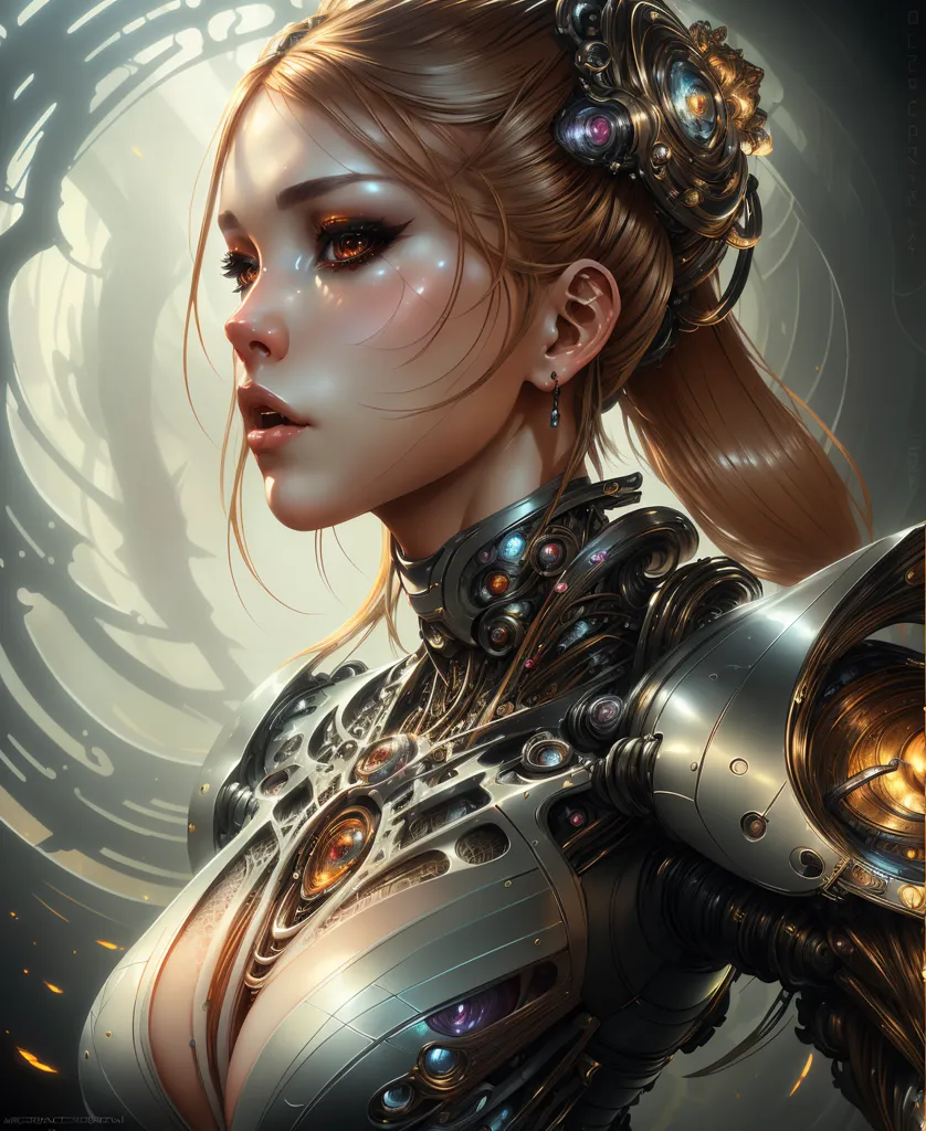 The image is a portrait of a beautiful woman with long blonde hair and brown eyes. She is wearing a futuristic outfit with a metal breastplate and a lot of golden details. Her right arm is made of metal and has some kind of device attached to it. She is looking to the right of the frame with a neutral expression. The background is a blur of light and dark colors.