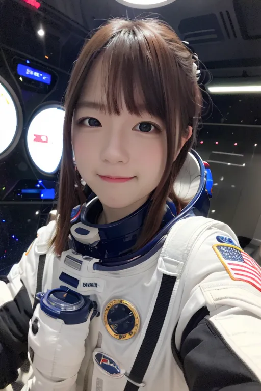 The image shows a young girl in a spacesuit. She has brown hair and brown eyes, and she is smiling. She is wearing a white spacesuit with a blue collar, and the American flag is on her shoulder. There are some buttons and a screen on the spacesuit. She is standing in a spaceship, and there is a window behind her.