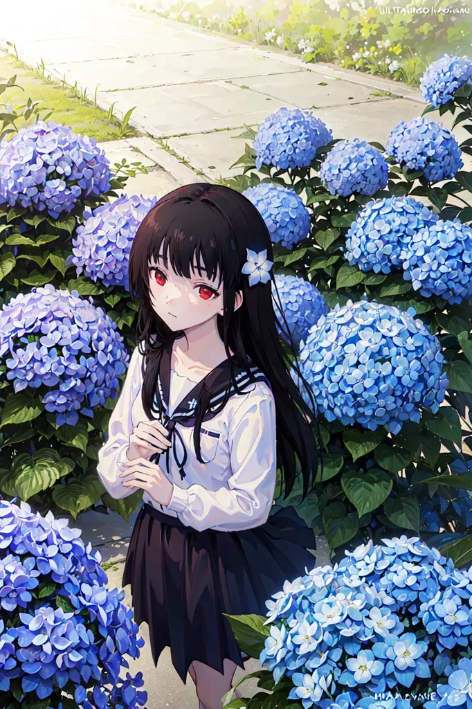 The image is a painting of a young girl with long black hair and red eyes. She is wearing a white blouse and a black skirt. The girl is standing in a field of blue flowers. The flowers are hydrangeas. The girl is looking at the flowers with a sad expression on her face. The background of the image is a blurred green field.