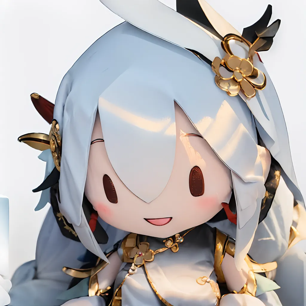 A imagem mostra um personagem de estilo anime chibi com cabelos brancos e azul claro, olhos vermelhos e uma flor dourada em seu cabelo. Ela está usando um vestido branco e dourado com um laço rosa no peito. Ela tem uma expressão amigável no rosto e está olhando para o espectador com um leve sorriso. O fundo é branco com um suave gradiente de azul claro na parte superior e inferior.