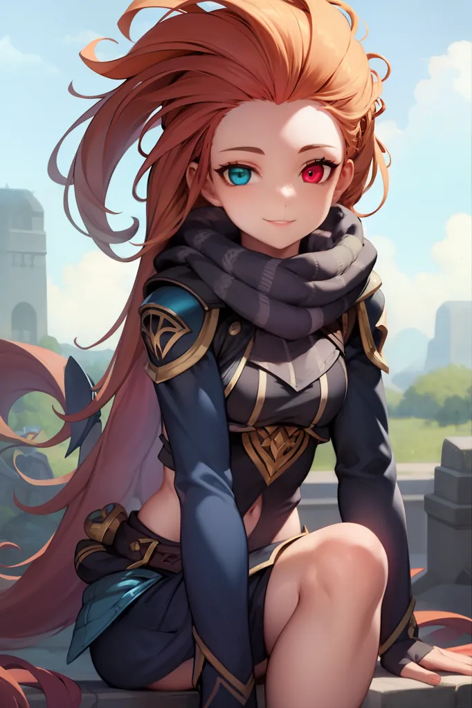 The image is of an anime-style girl with long, flowing red hair and blue and red eyes. She is wearing a blue and gray outfit with a white scarf around her neck. She is sitting on a stone wall with a serene expression on her face. The background is a blurred landscape of a city with mountains in the distance.