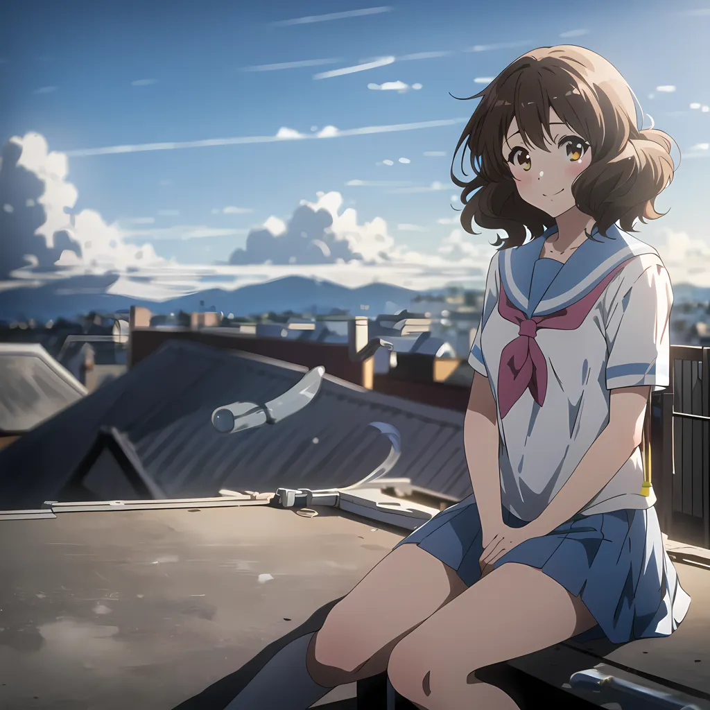 A young girl with brown hair and brown eyes is sitting on a rooftop. She is wearing a white shirt, a blue skirt, and a red scarf. She has a shy smile on her face. The background is a cityscape with mountains in the distance. The sky is blue and there are some clouds.