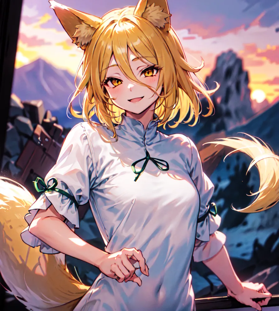 The image is of a young woman with long, flowing yellow hair and fox ears. She is wearing a white dress with a green ribbon at the collar and has a sly expression on her face. She is standing in front of a mountainous landscape with a sunset sky.