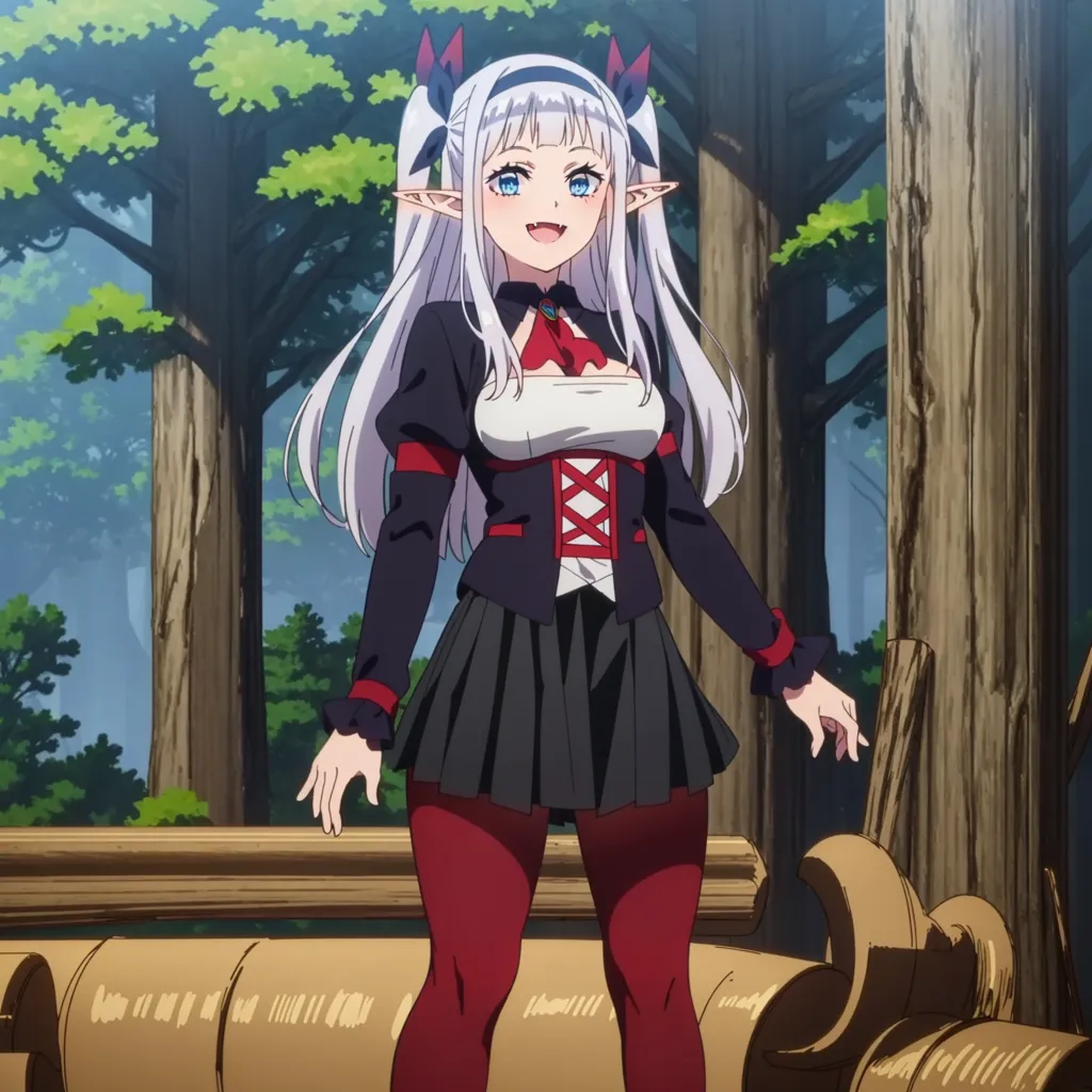 The image shows an anime girl with white hair and blue eyes. She has devil horns and is wearing a black and red gothic outfit. She is standing in a forest and smiling.