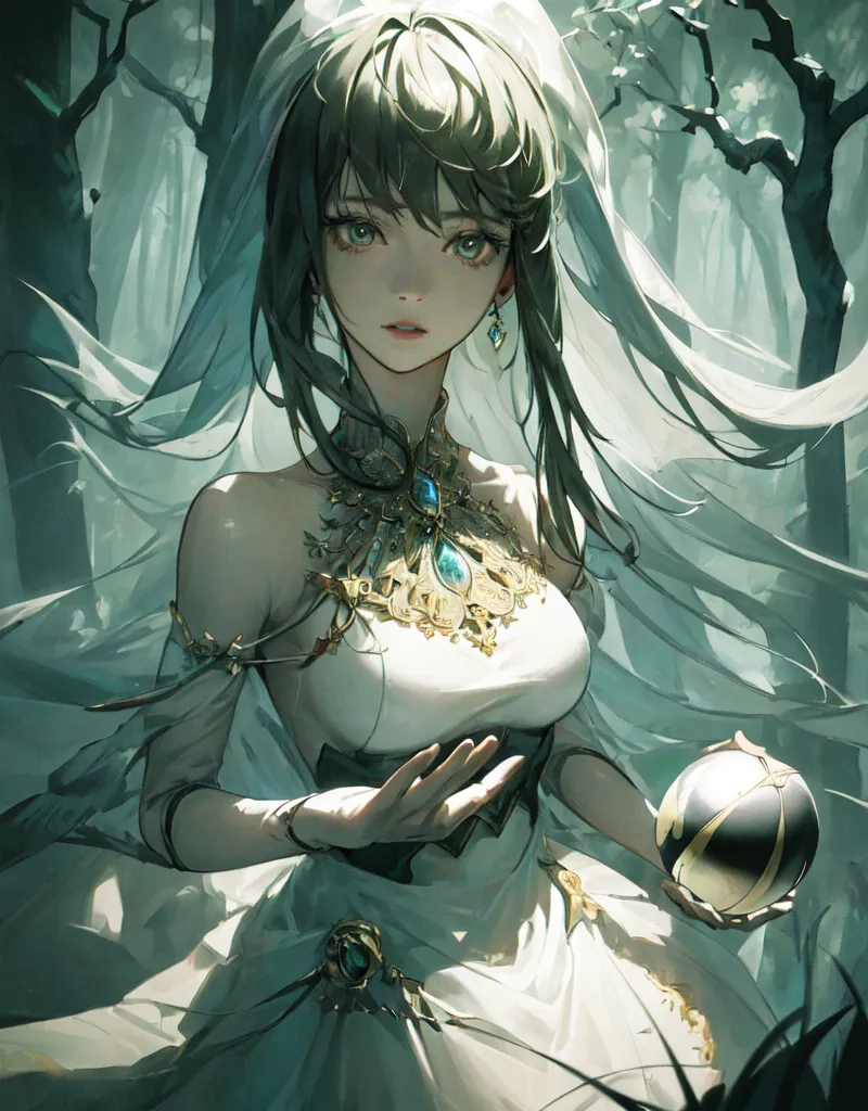 La imagen es una pintura de una hermosa mujer con cabello verde largo y ojos verdes. Ella está usando un vestido blanco con una banda verde y un collar de oro. Ella está de pie en un bosque, con un árbol grande detrás de ella. La mujer está sosteniendo una pequeña esfera brillante en su mano. Ella está mirando la esfera con una expresión curiosa en su rostro. La pintura está hecha en un estilo realista, y los colores son vibrantes y realistas.