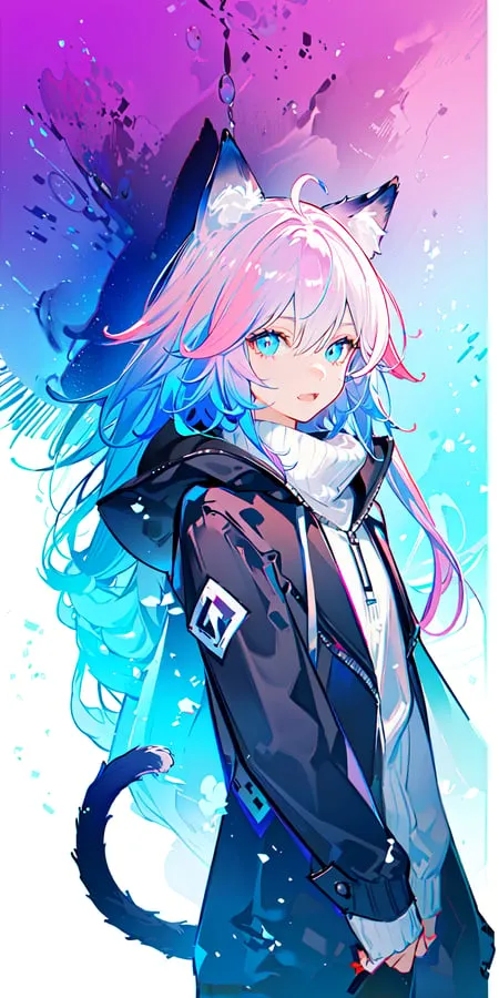 The image is a portrait of a young woman with cat ears. She has long, pink and blue hair, and blue eyes. She is wearing a black jacket with a white turtleneck sweater underneath. The jacket has a white and blue emblem on the sleeve. She has a cat tail and is surrounded by a blue and purple background.