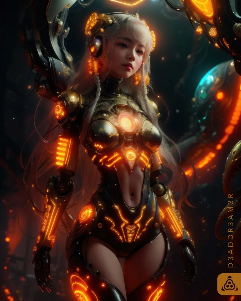 The image is a digital painting of a female character wearing a golden and black bodysuit with orange glowing lines. The character has long white hair and orange eyes. She is standing in a dark room with a glowing orange background. There are several floating objects in the background. The character is looking at the viewer with a serious expression.