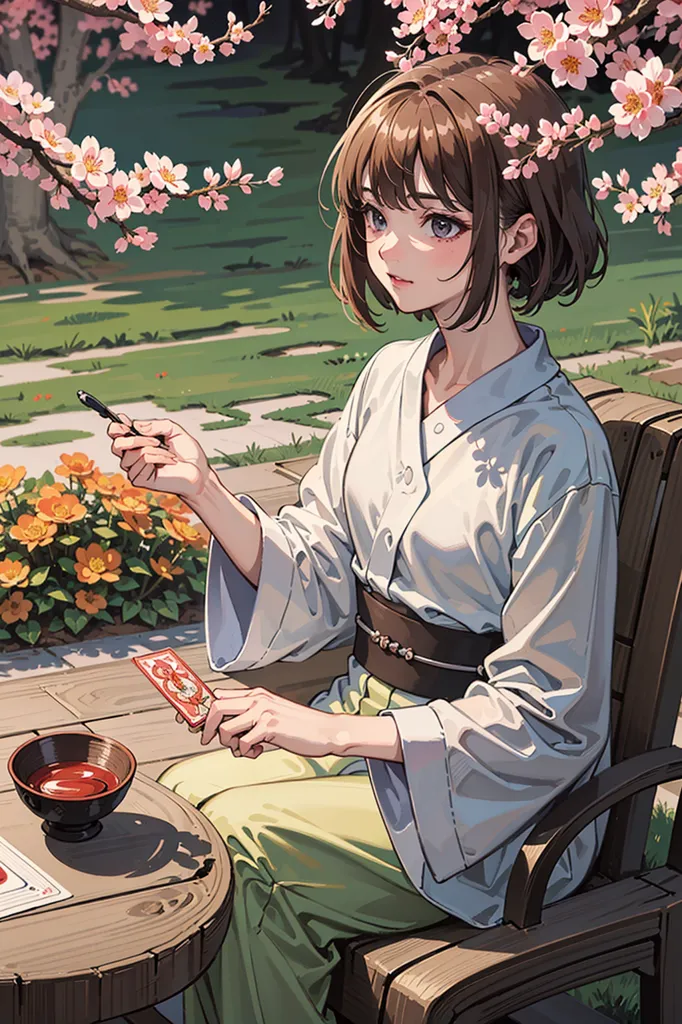 The image is a painting of a young woman sitting in a garden. The woman is wearing a kimono and has short brown hair. She is sitting on a chair and has a table in front of her with a cup of tea on it. The woman is holding a pen and is looking at a card. There are flowers in the background and a tree with pink blossoms. The overall color tone of the image is pink.