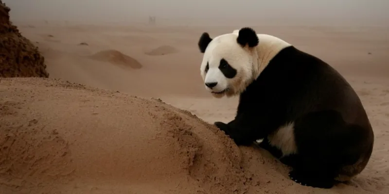 Un panda está sentado en una duna de arena en medio de un desierto. El panda es blanco y negro con orejas grandes y caídas. Está mirando hacia un lado. El fondo de la imagen es un vasto desierto con dunas de arena hasta donde alcanza la vista. El cielo está brumoso y no hay plantas ni animales visibles en la imagen.