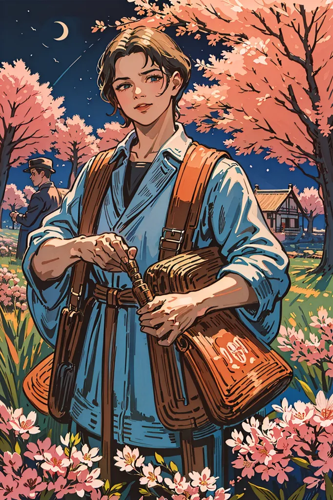 A young woman in a blue uniform is standing in a field of cherry blossoms. She is holding a satchel and a walking stick. There is a house in the distance. The sky is blue and there are some clouds.