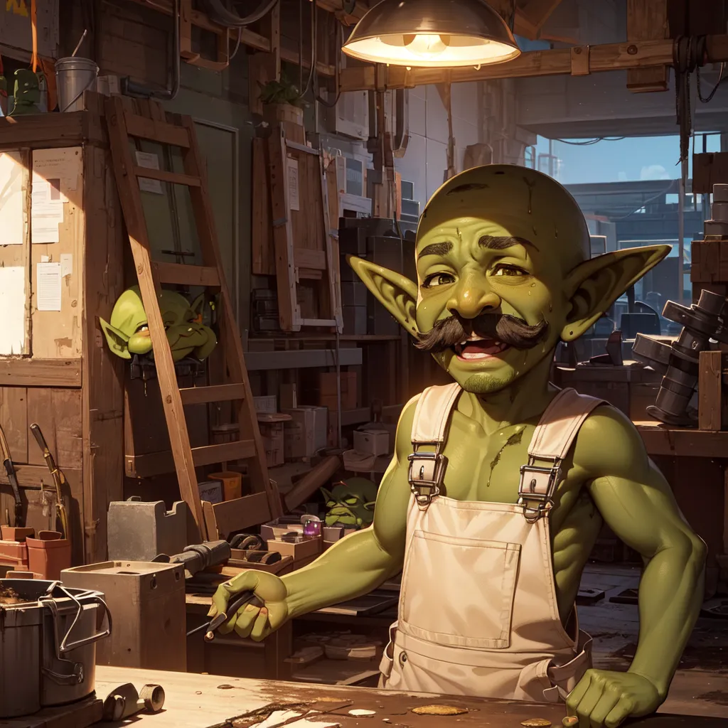 The image shows a goblin in a workshop. He is wearing a white apron and has a mustache. He is smiling and holding a screwdriver. There are shelves and tools in the background, and a large window on the left side of the image.