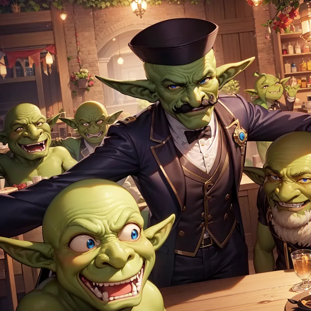 The image shows a group of goblins in a tavern. They are all wearing different clothes, but they all have the same green skin and pointed ears. The goblin in the middle is the largest and he is wearing a black suit and a hat. He has a mustache and a beard and he is smoking a pipe. The other goblins are all smaller and they are wearing different clothes. They are all smiling and they look happy to be together. In the background, there is a bar with bottles and glasses on it. There are also some barrels and crates in the background.