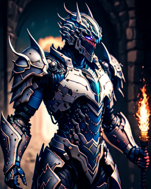 The image shows a knight in futuristic armor. The knight is standing in a dark room, holding a torch in his right hand. The armor is blue and silver, and has a dragon-like design. The knight's helmet has a visor, and there are blue lights glowing from the inside of the helmet. The knight is also wearing a cape.