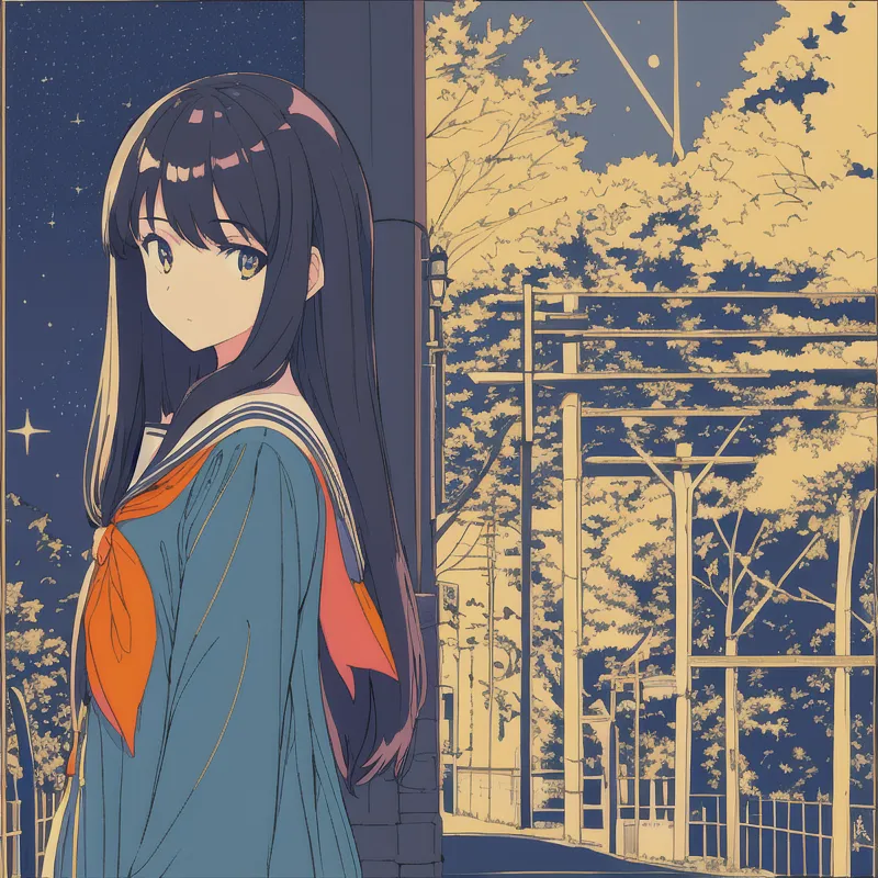 The image is a painting of a young girl with long black hair. She is wearing a blue sailor-style school uniform with an orange scarf. The girl is standing in a city street at night. There are trees on either side of the street and a street lamp in the background. The girl is looking at the viewer with a sad expression on her face.