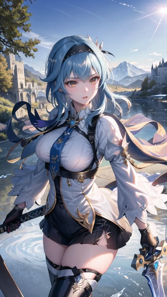 The image is of a young woman with long blue hair and yellow eyes. She is wearing a white and blue outfit with a skirt and a cape. She is also wearing a pair of boots and a belt with a pouch on it. She is standing in a river with a bridge and a castle in the background. She is holding a sword in her right hand.