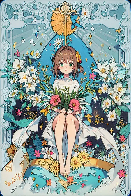 The image is a digital painting of a young girl sitting on a crescent moon. The girl has brown hair and green eyes, and she is wearing a white dress. She is surrounded by flowers, and there is a large flower in her hair. The background is a light blue color, and there are stars and clouds in the sky. The painting has a soft, dreamy feel to it.