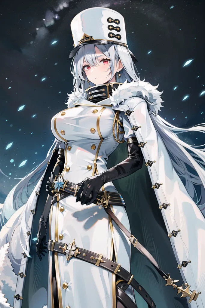 The image is of a woman wearing a white military uniform with a black cape and a white hat with a black band around it. She has long white hair and red eyes. She is standing in front of a dark blue background with a few white snowflakes falling. She is looking at the viewer with a serious expression.