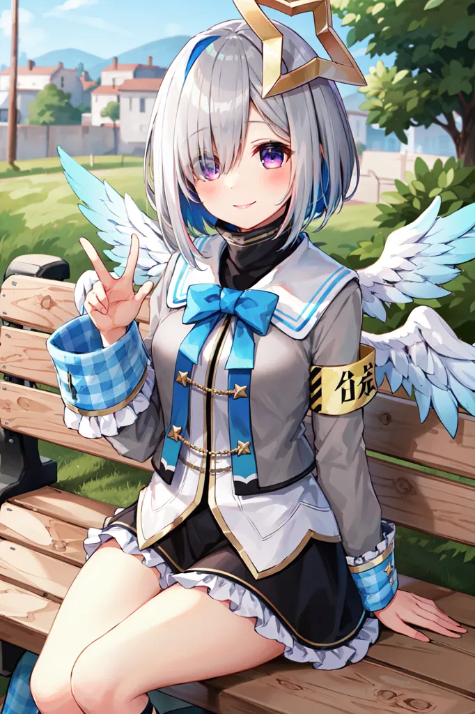 The image is of an anime-style girl with white and blue hair sitting on a park bench. She is wearing a white and blue sailor-style outfit with a yellow and blue striped tie and a blue bow. She has white and blue wings and a halo above her head. She is smiling and has her right hand raised in a peace sign. There are trees and buildings in the background.