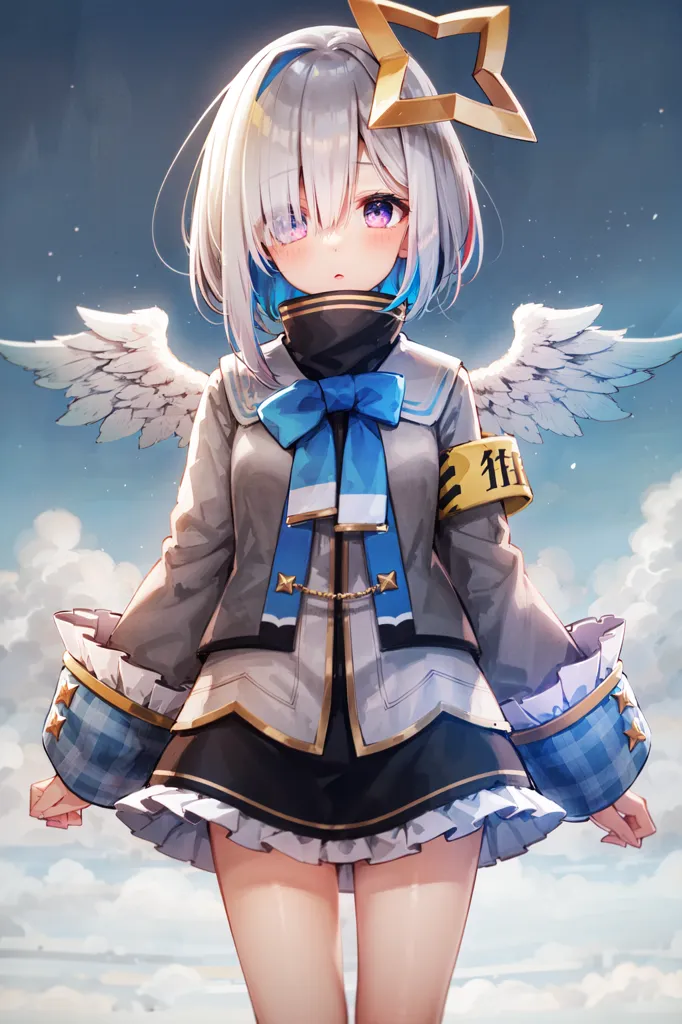 This is an image of an anime-style girl with white and blue hair. She has purple eyes and is wearing a grey jacket with a blue bow. She also has angel wings and a halo. She is standing in front of a blue sky with clouds.