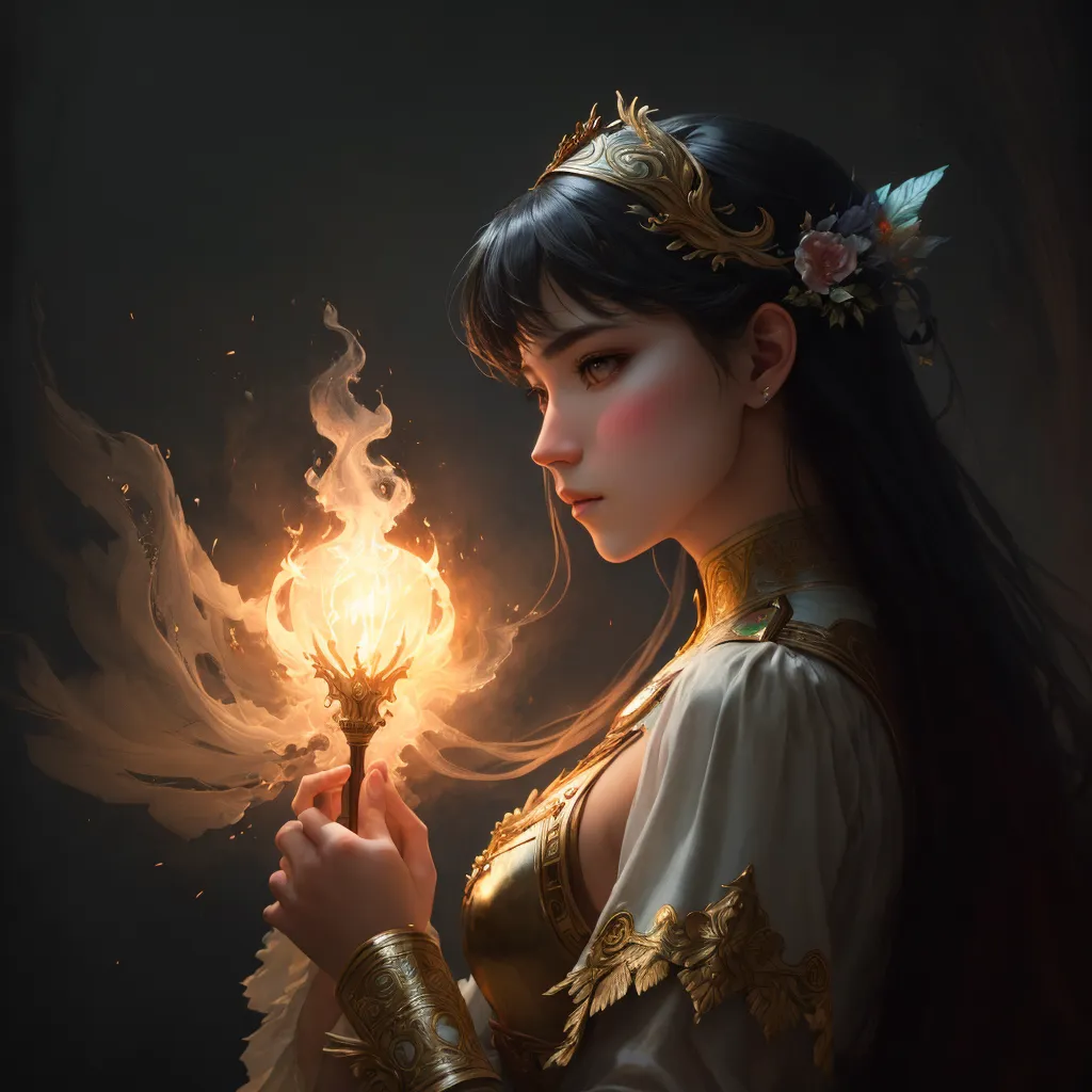 This is an image of a beautiful dark-haired woman holding a glowing orb. She is wearing a white and gold dress with a gold headpiece and there are flowers in her hair. She has a serious expression on her face and is looking down at the orb. The background is dark.