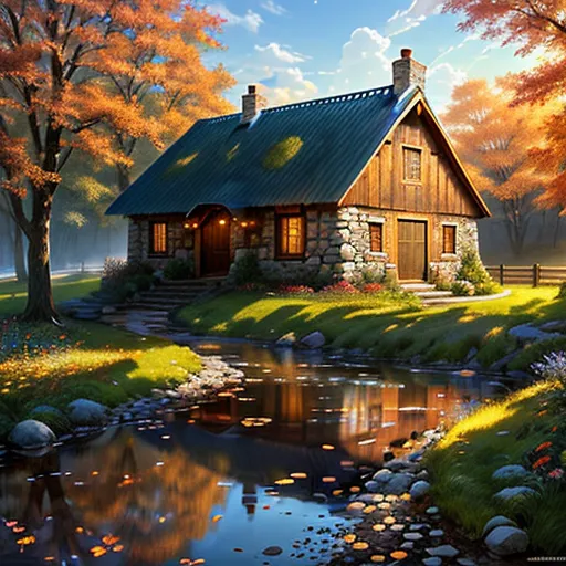 The image is a beautiful landscape of a house in the autumn season. The house is made of stone and wood with a green roof. It has a small stream in front of it with a stone bridge. The trees are all in full autumn foliage and the leaves are a mixture of red, orange, yellow, and green. The sky is blue with hazy clouds. The overall effect is one of peace and tranquility.