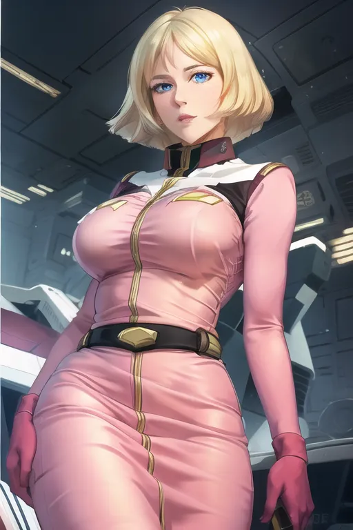 The image is a painting of a beautiful woman with blonde hair and blue eyes. She is wearing a pink dress with a white collar and black belt. The dress is very tight and shows off her curves. She is also wearing black gloves and boots. The woman is standing in front of a large spaceship. The spaceship is white and gray and has a large engine on the back. The woman is looking at the camera with a serious expression on her face.