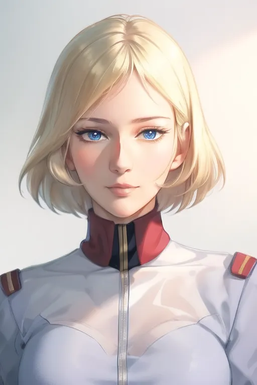 The image is a portrait of a young woman with short blonde hair and blue eyes. She is wearing a white and red military uniform with gold trim. The collar of her uniform is turned up, and she has a small smile on her face. She is standing at an angle with her head turned slightly to the right.