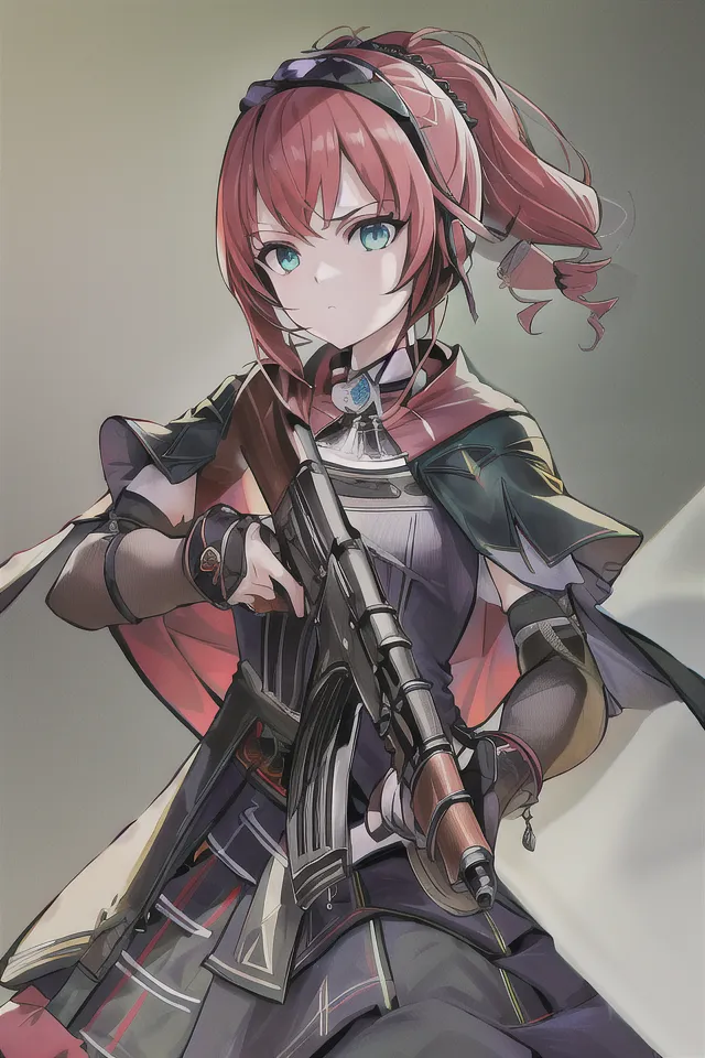 The image shows a young woman with red hair and green eyes. She is wearing a black and red military-style outfit and is holding a gun. She is standing in a determined pose, as if she is about to engage in battle. The background is a blur of light and dark colors, suggesting that she is in a war zone.