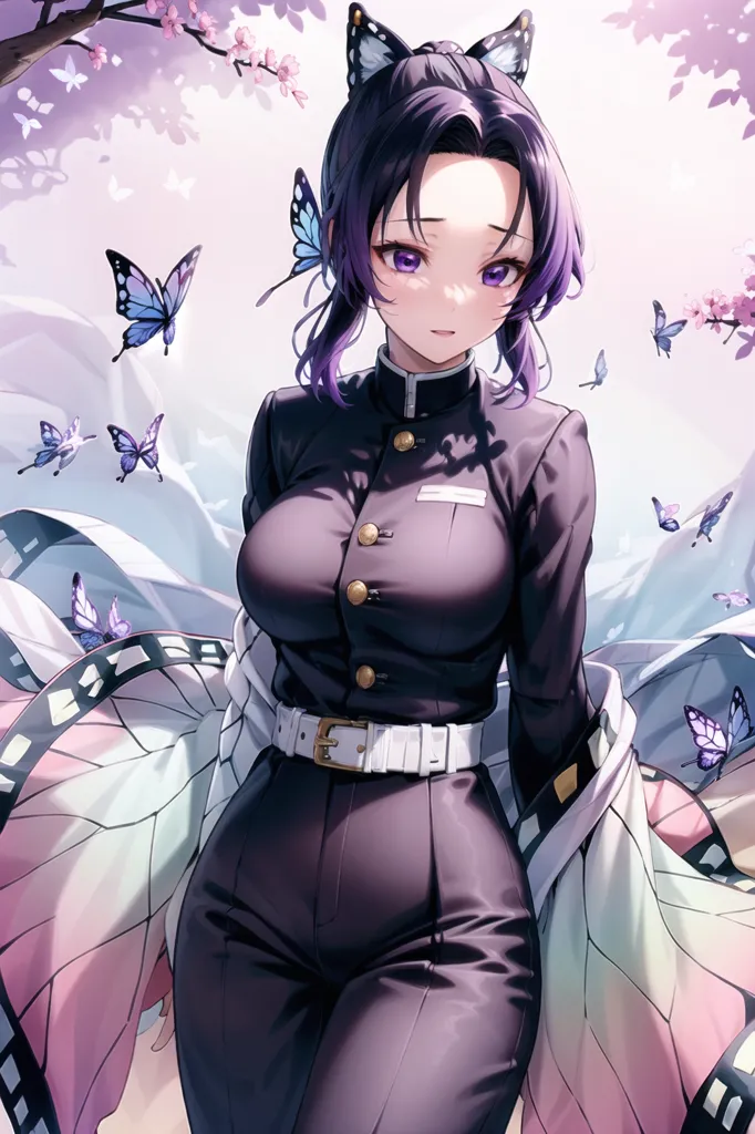 The image contains a young woman with purple hair and purple butterfly wings. She is wearing a black and purple uniform with a white belt. She has a gentle expression on her face and is surrounded by pink and purple butterflies. The background is a blur of light purple and there are some cherry blossoms on the branches of a tree behind her.