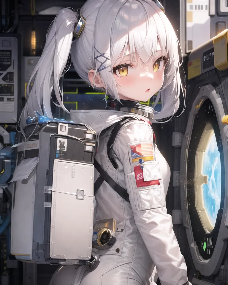 The image is an anime-style drawing of a girl in a spacesuit. She has long white hair and yellow eyes. She is wearing a white spacesuit with a red and blue patch on her left arm. She is also wearing a backpack and a helmet. She is standing in a spaceship, and there is a window in the background showing the Earth.