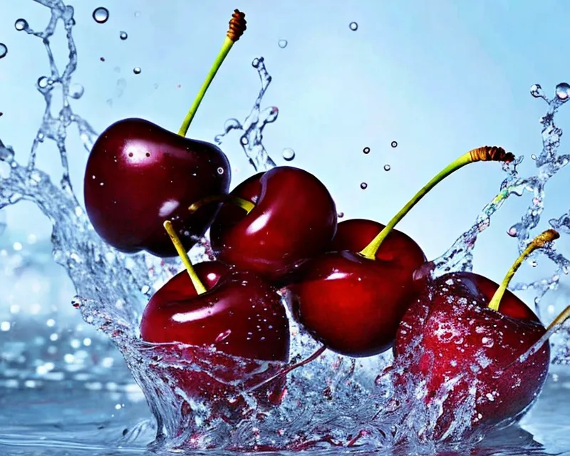 Il y a cinq cerises rouges avec des tiges vertes. Elles tombent dans une piscine d'eau. Les cerises sont à différents stades de la chute. Celle de gauche est juste au-dessus de l'eau, tandis que celle de droite est presque complètement submergée. L'eau éclabousse autour des cerises, créant un sentiment de mouvement et d'énergie. L'arrière-plan est d'une couleur bleu clair, ce qui met en valeur les cerises et les fait ressortir.